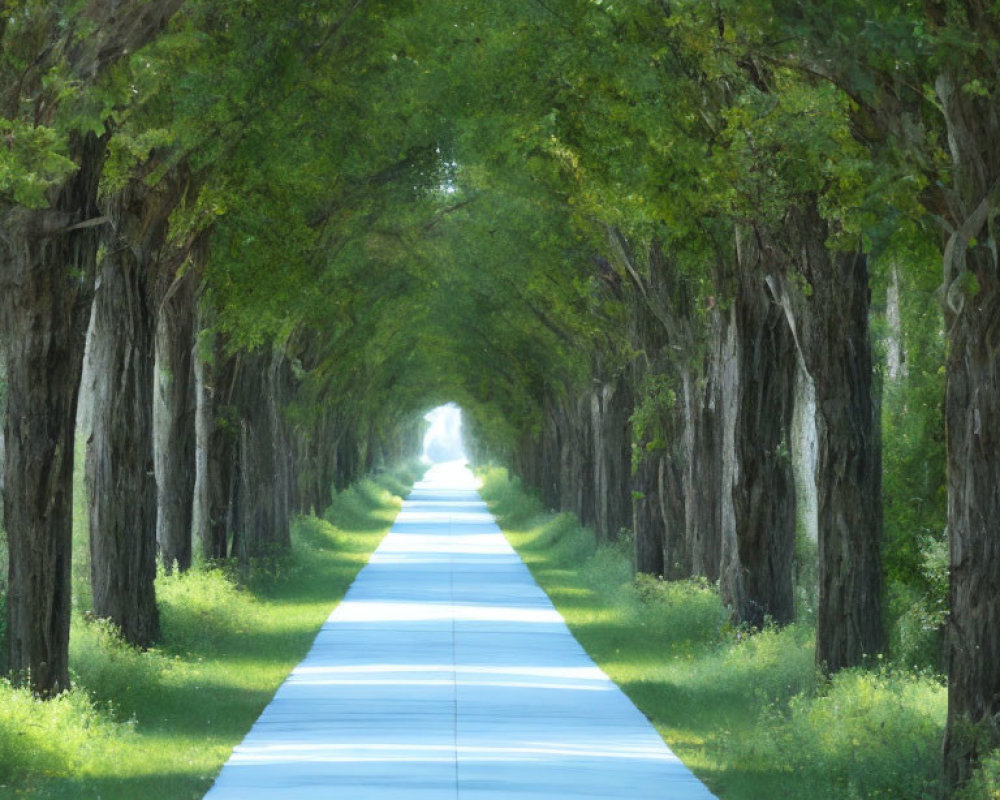 Tranquil Tree-Lined Road with Green Canopy and Sunlight Filtered Through