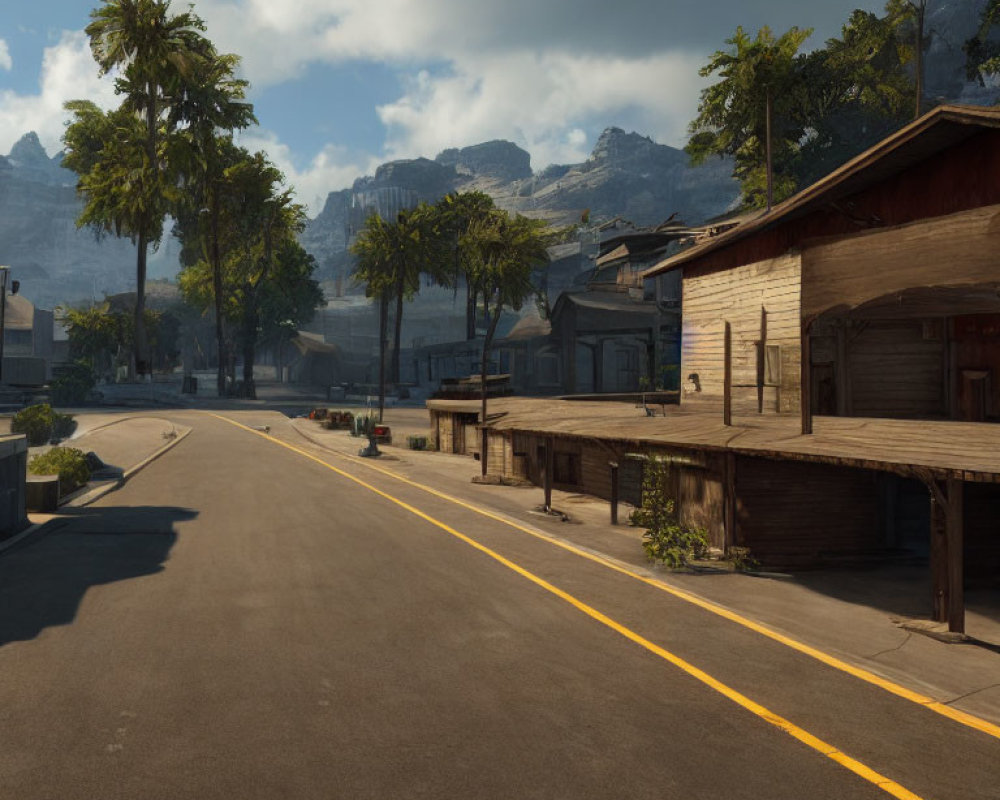 Deserted street with wooden houses, tropical trees, mountains.
