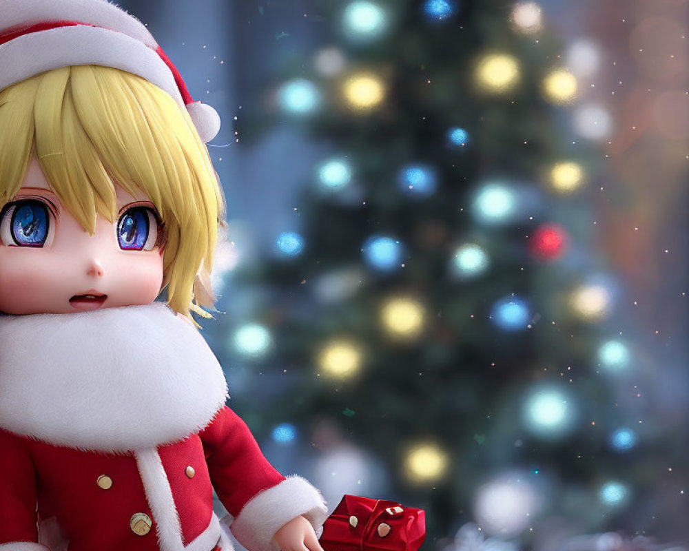 Animated Santa character holding gift box with Christmas tree and lights