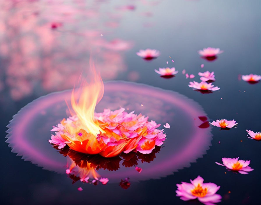 Fiery blaze in pink lotus flower on tranquil water