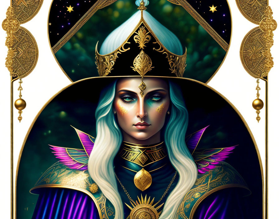 Fantasy female character with blue skin in golden armor against starry background