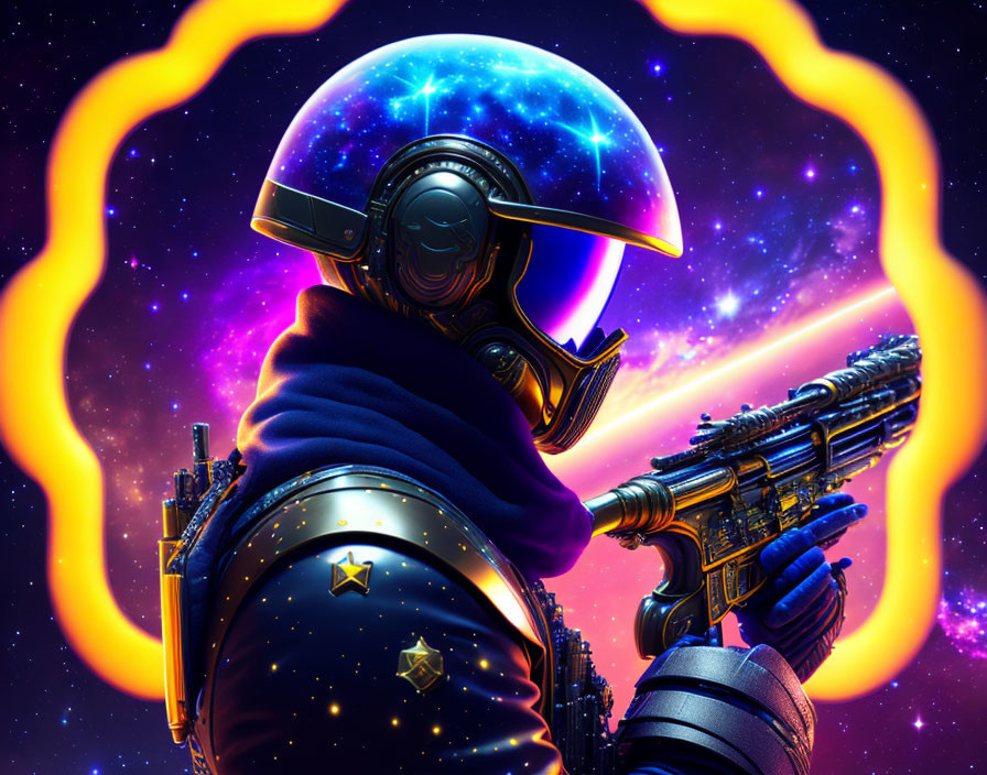 Futuristic astronaut with galaxy-themed helmet and rifle in front of nebula