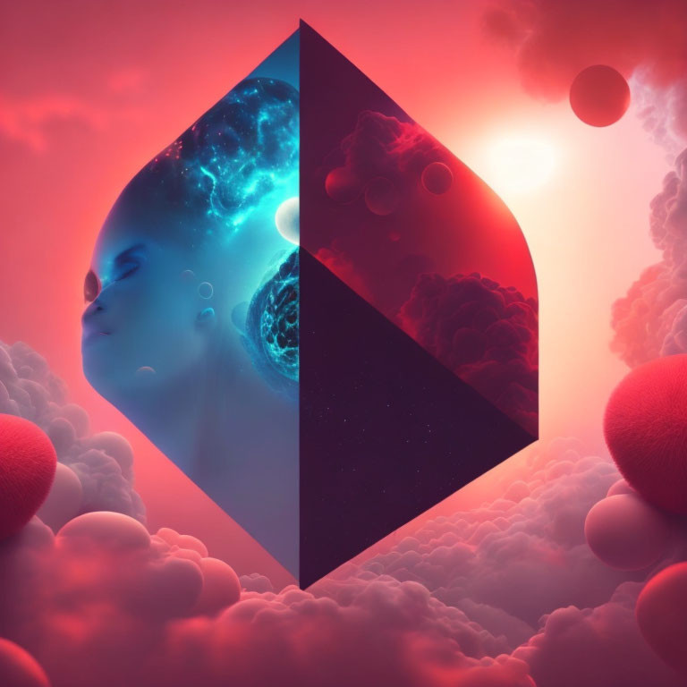 Surreal artwork: Female face split with space scene, red sky & floating orbs, planets &