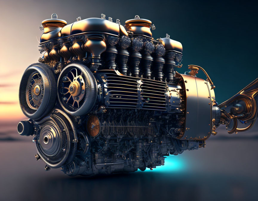 Detailed 3D rendering of futuristic engine against sunset