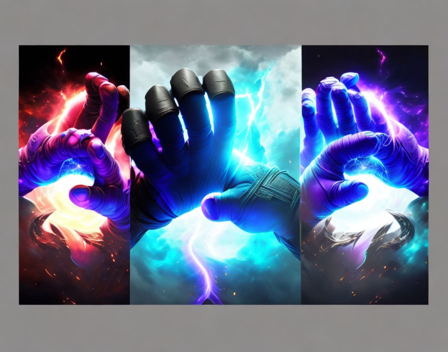 Dynamic Clenched Fist Panels in Red, Blue, and Purple Hues