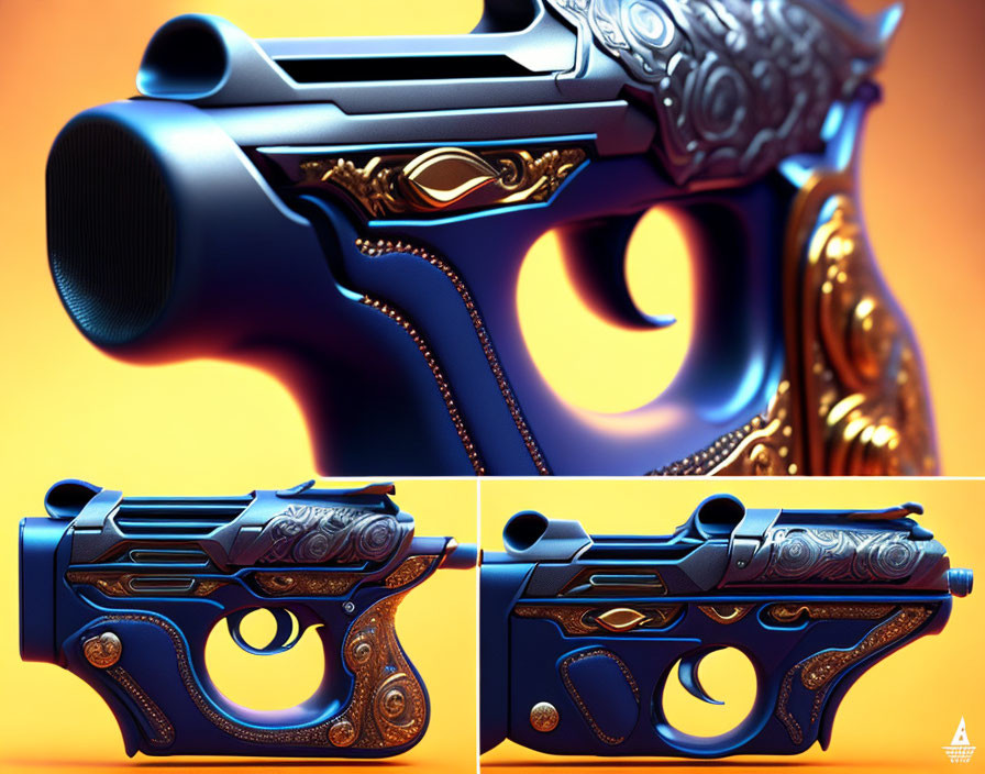 Intricate Blue and Gold Pistol Artwork on Orange Background