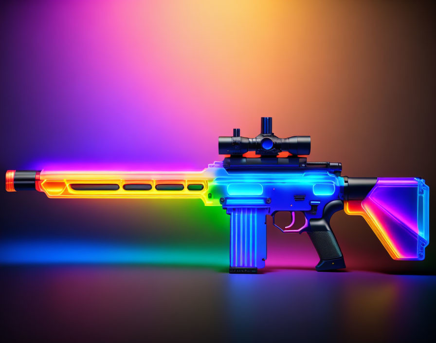 Colorful Neon-Lit Rifle on Purple to Orange Gradient Background