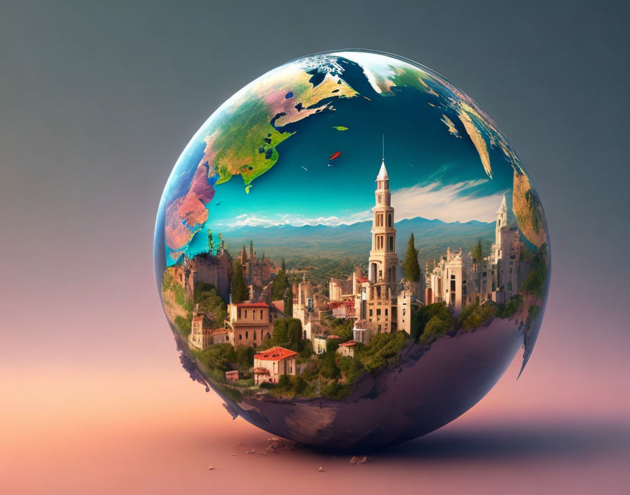 Surreal Earth transformation into vibrant globe with landscapes and architecture