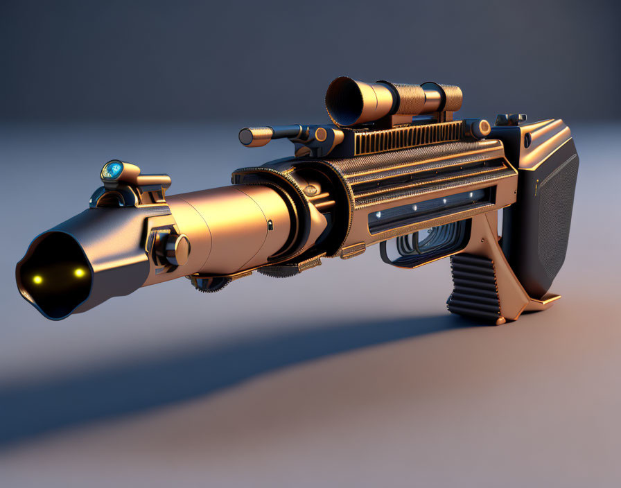 Detailed 3D rendering of futuristic gun with scope and metallic finishes