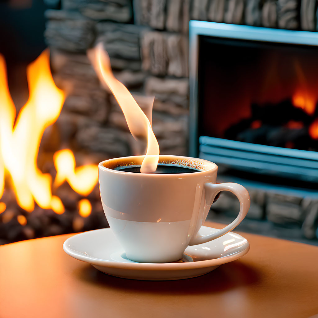 Warm Coffee by Cozy Fireplace Display