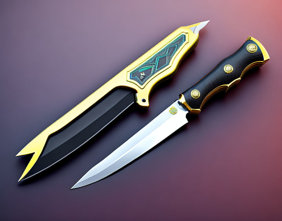 Ornate handled knives on gradient background: one curved, one straight