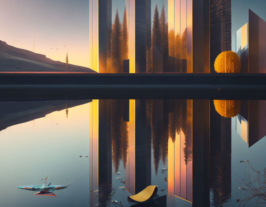 Surreal landscape with mirrored water, fish, boat, abstract structures at sunrise or sunset