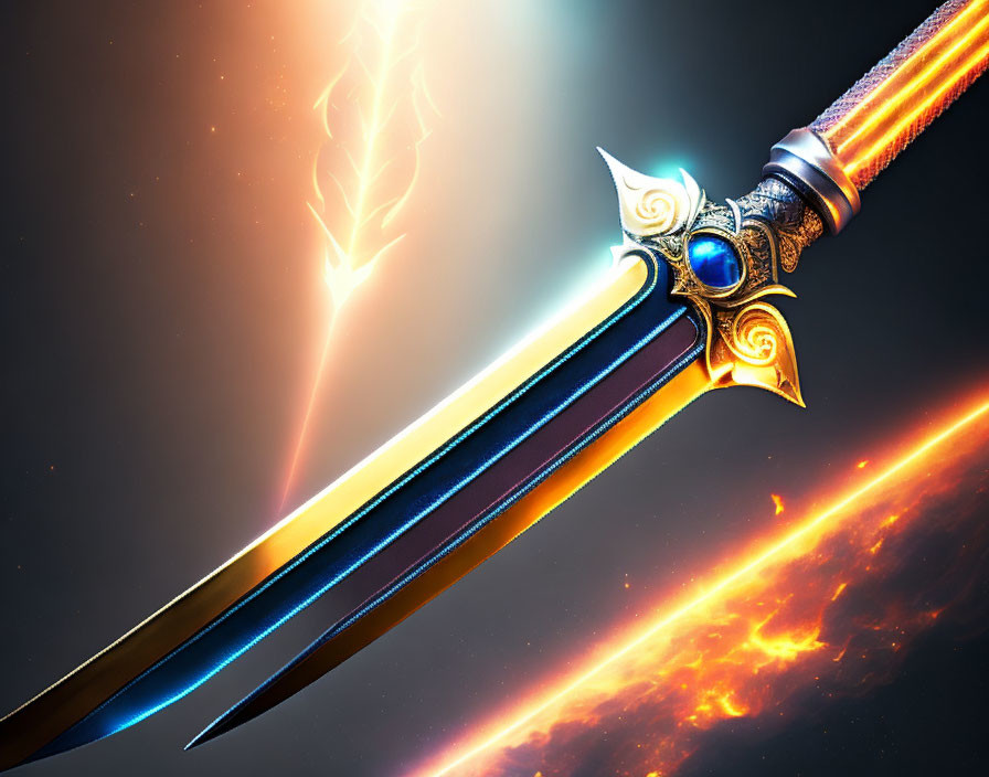 Radiant fantasy sword with gleaming blade and ornate hilt against cosmic backdrop