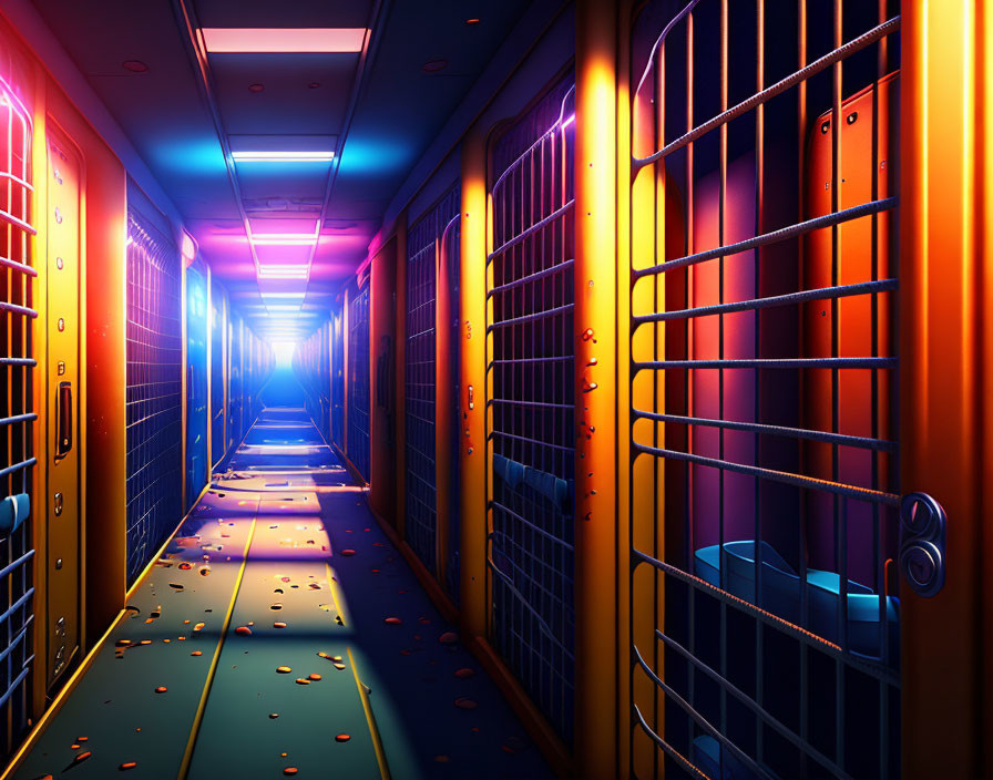 Colorful corridor with locked prison cells under mysterious light