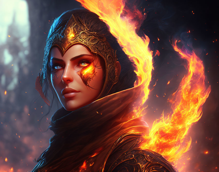 Digital artwork: Woman with fiery eyes, surrounded by flames and ornate headgear.