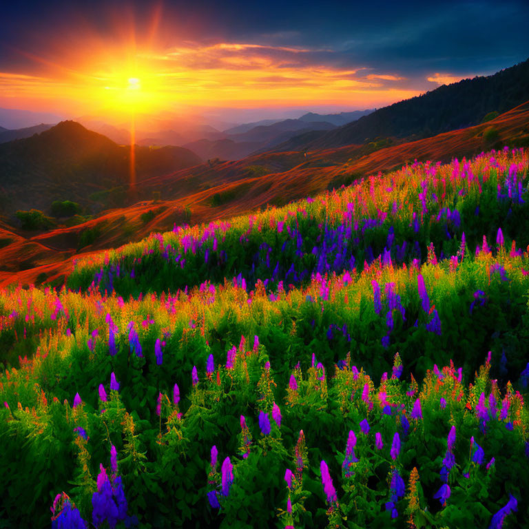 Purple Flowers Blanket Rolling Hills at Vivid Sunset
