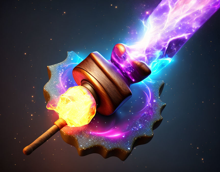 Wooden gavel with fiery orb and electric arcs symbolizing power and justice.
