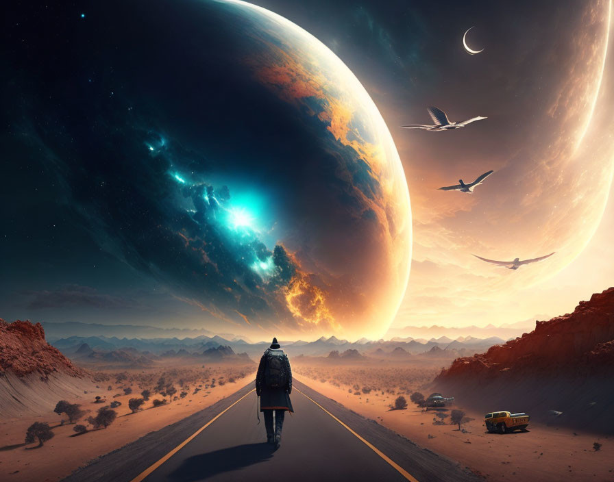 Person walking on desert road towards large fantastical planet with birds and abandoned car