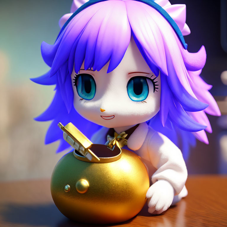 Anime-style character with blue eyes and purple hair holding a golden purse
