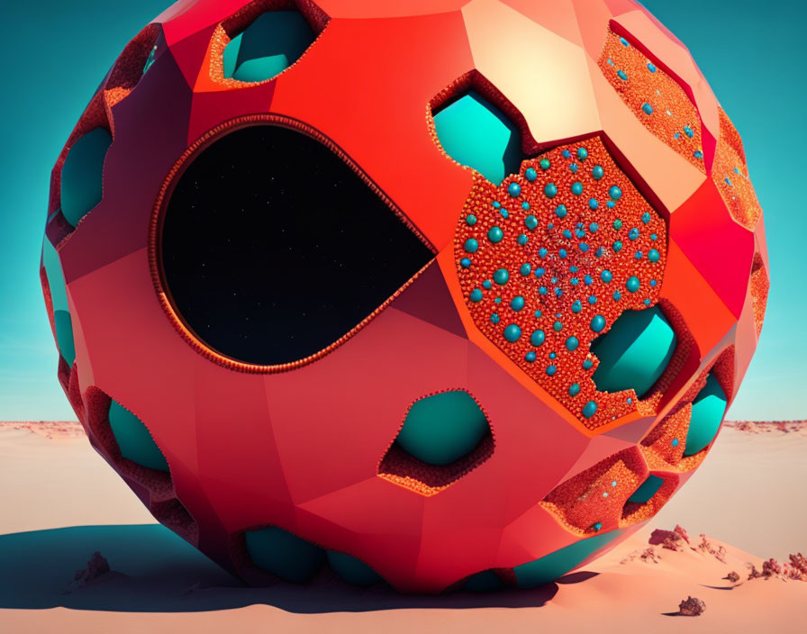 Stylized oversized soccer ball with patterned cutouts in desert setting