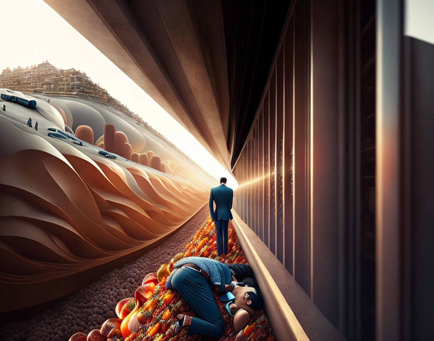 Man in suit gazes into surreal infinite corridor with undulating walls and people.