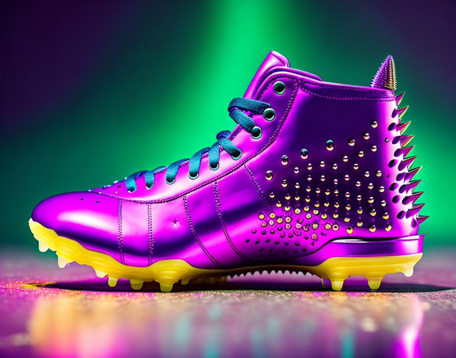 Purple spiked high-top sneaker with studs on colorful background