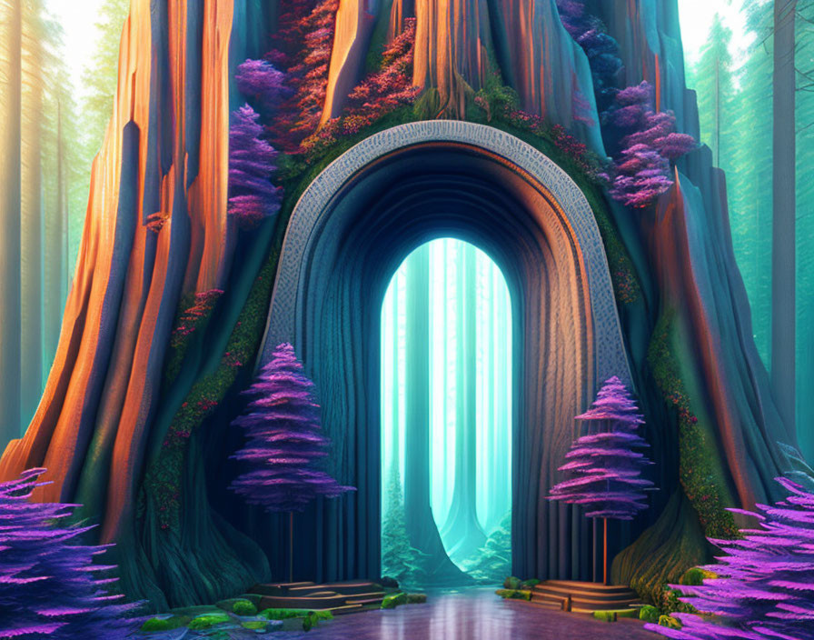 Enchanting forest scene with giant tree archway, glowing light, and purple foliage