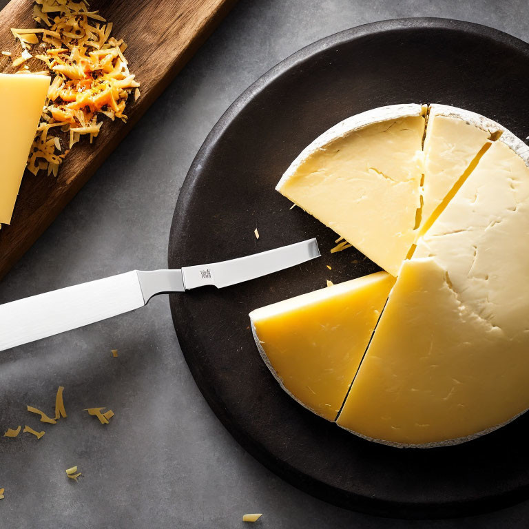 Sliced wheel of cheese with knife and grated cheese on plates
