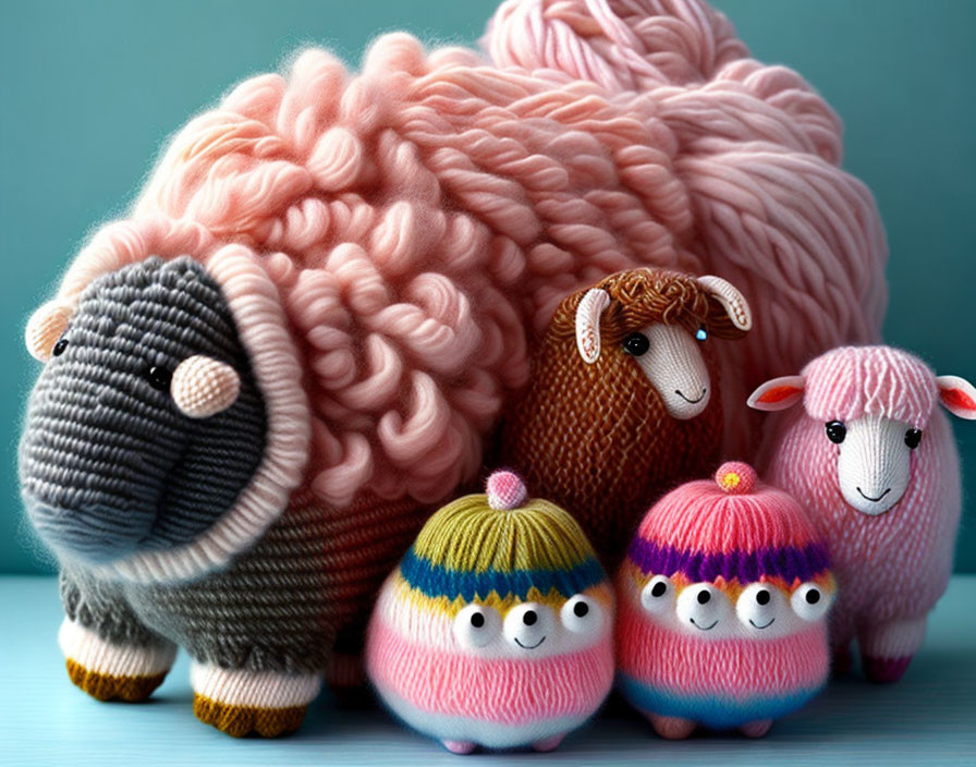 Woolen sheep figures and knitted creatures on turquoise background