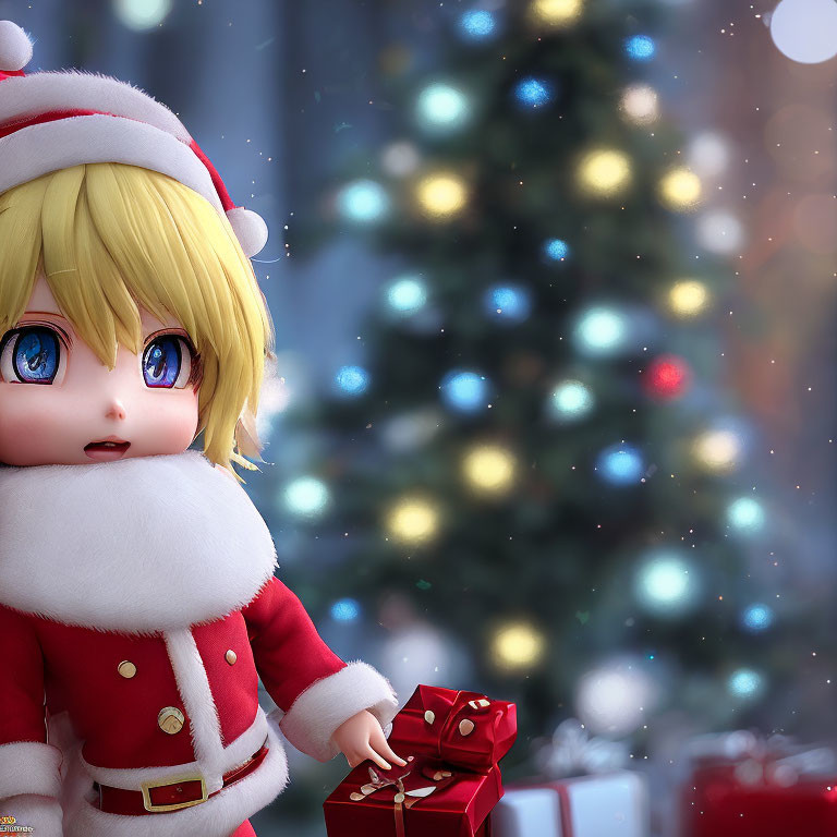 Animated Santa character holding gift box with Christmas tree and lights
