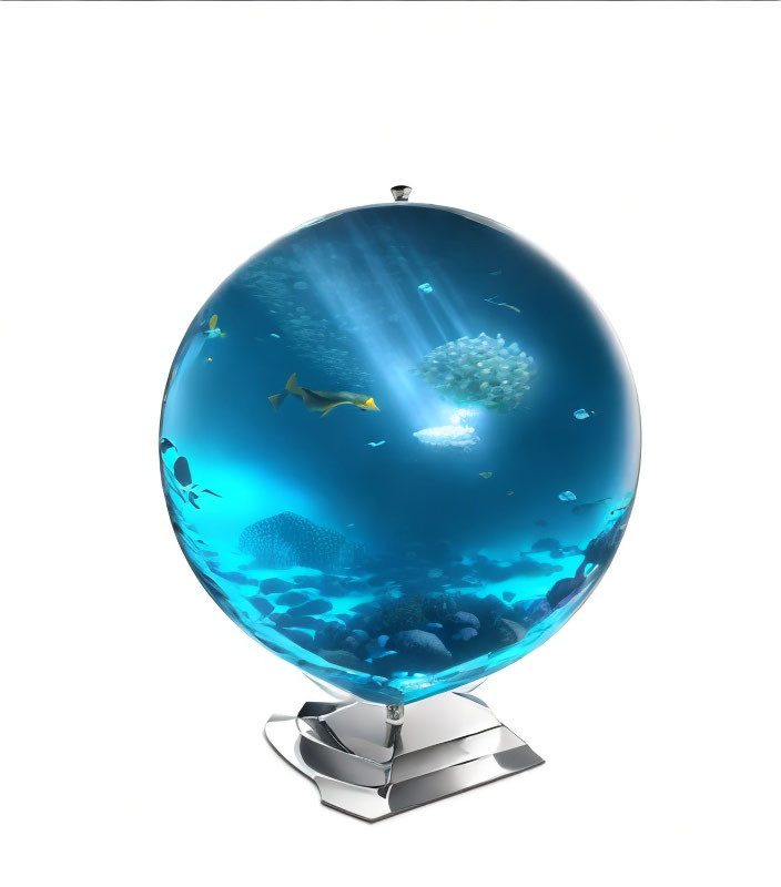 Miniature underwater scene with fish and coral in globe on stand