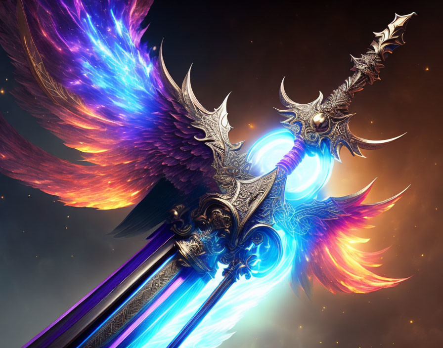 Ornate winged swords with blue and purple energy on cosmic background