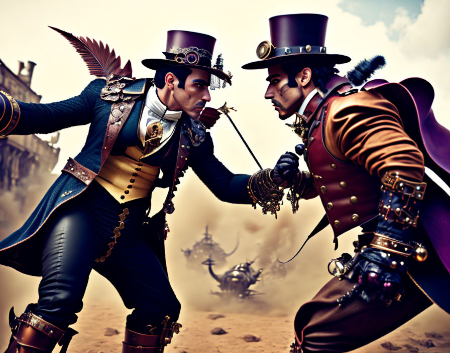 Steampunk duel scene with individuals in top hats and goggles.