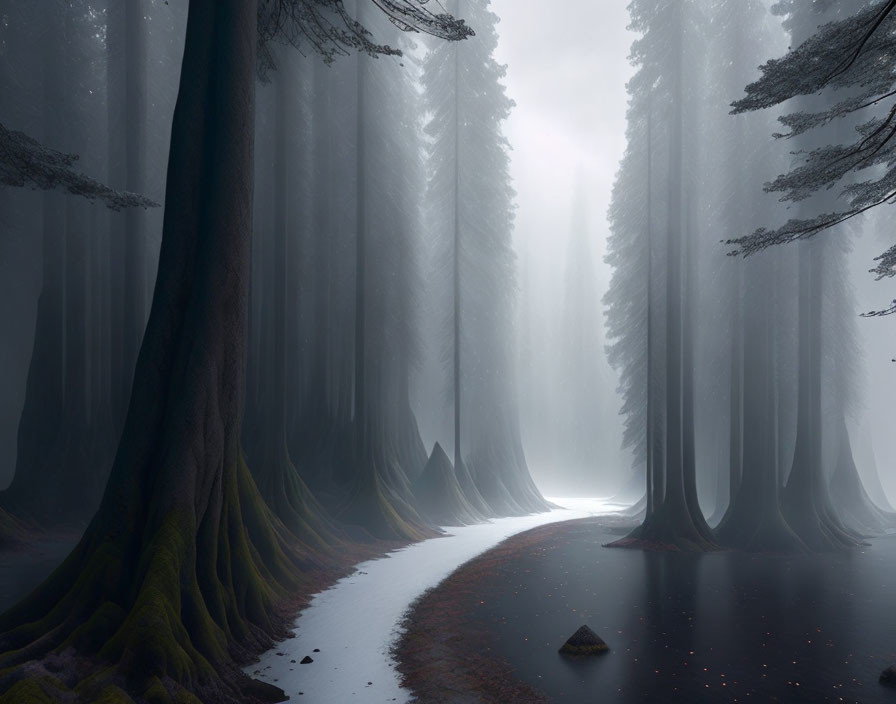 Mystical foggy forest with towering trees and winding water path