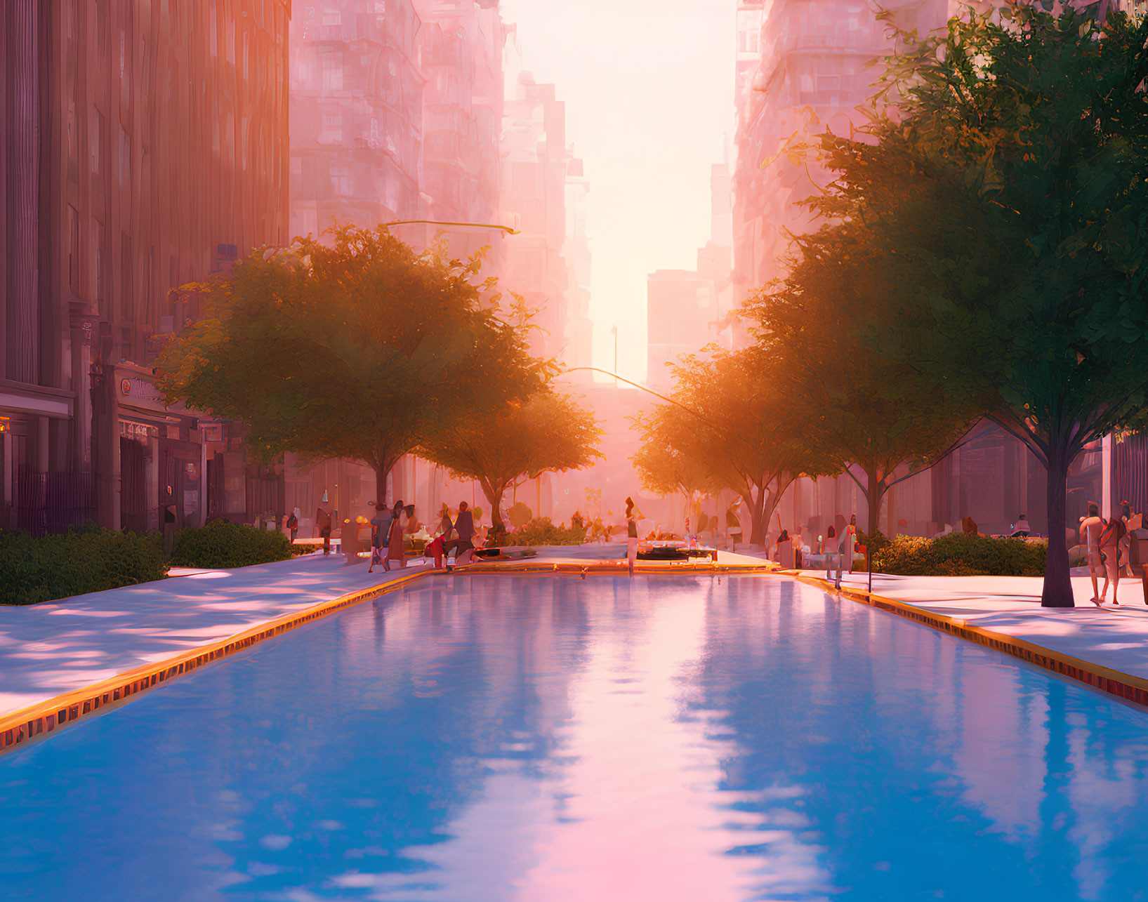 Cityscape at Sunset: People Walking Along Tree-Lined Paths Beside Reflective Water Feature