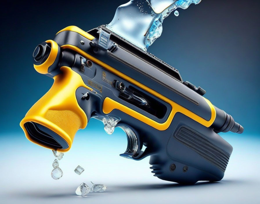 Vibrant Yellow and Black Water Pistol Artwork with Splashing Water and Ice Cubes