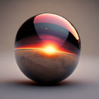Surreal landscape with celestial bodies reflected in glossy sphere