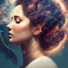 Digital artwork: Woman with galaxy hair in blue, purple & orange