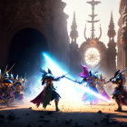 Armored knights battle with magical swords at grand gothic cathedral
