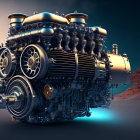 Detailed 3D rendering of futuristic engine against sunset