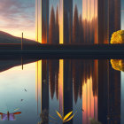 Surreal landscape with mirrored water, fish, boat, abstract structures at sunrise or sunset