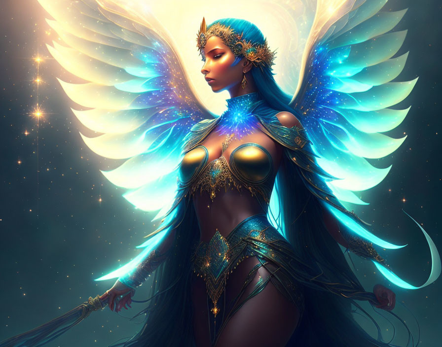 Fantastical illustration of woman with blue wings and golden headdress