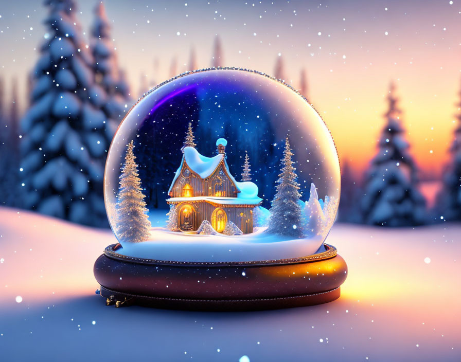 Snow Globe with Miniature House and Trees in Wintry Scene