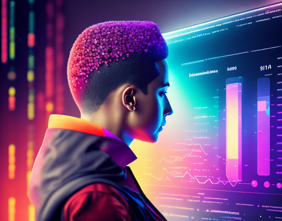 Profile View of Person with Stylized Haircut Analyzing Vibrant Data Displays
