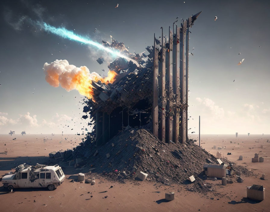 Abstract artwork: Crumbling building explosion in barren landscape