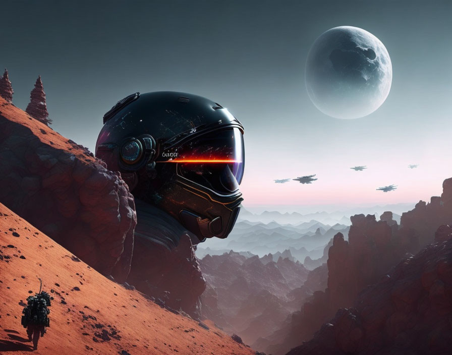 Futuristic astronaut helmet with red landscape and flying ships