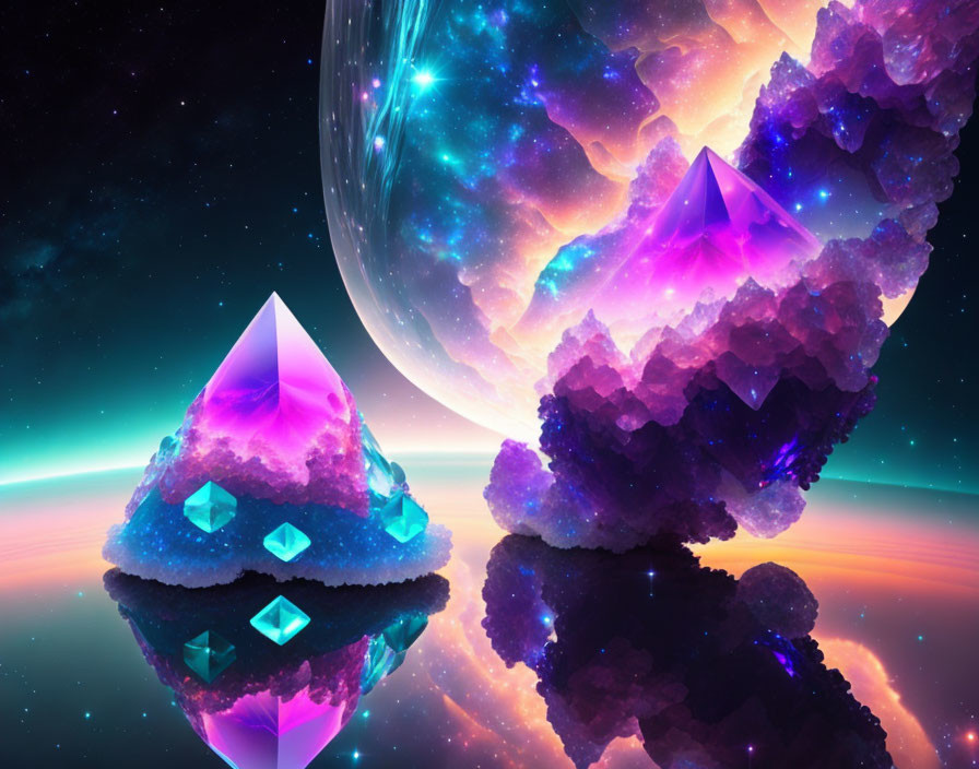Colorful digital artwork: Floating crystals over water with cosmic background