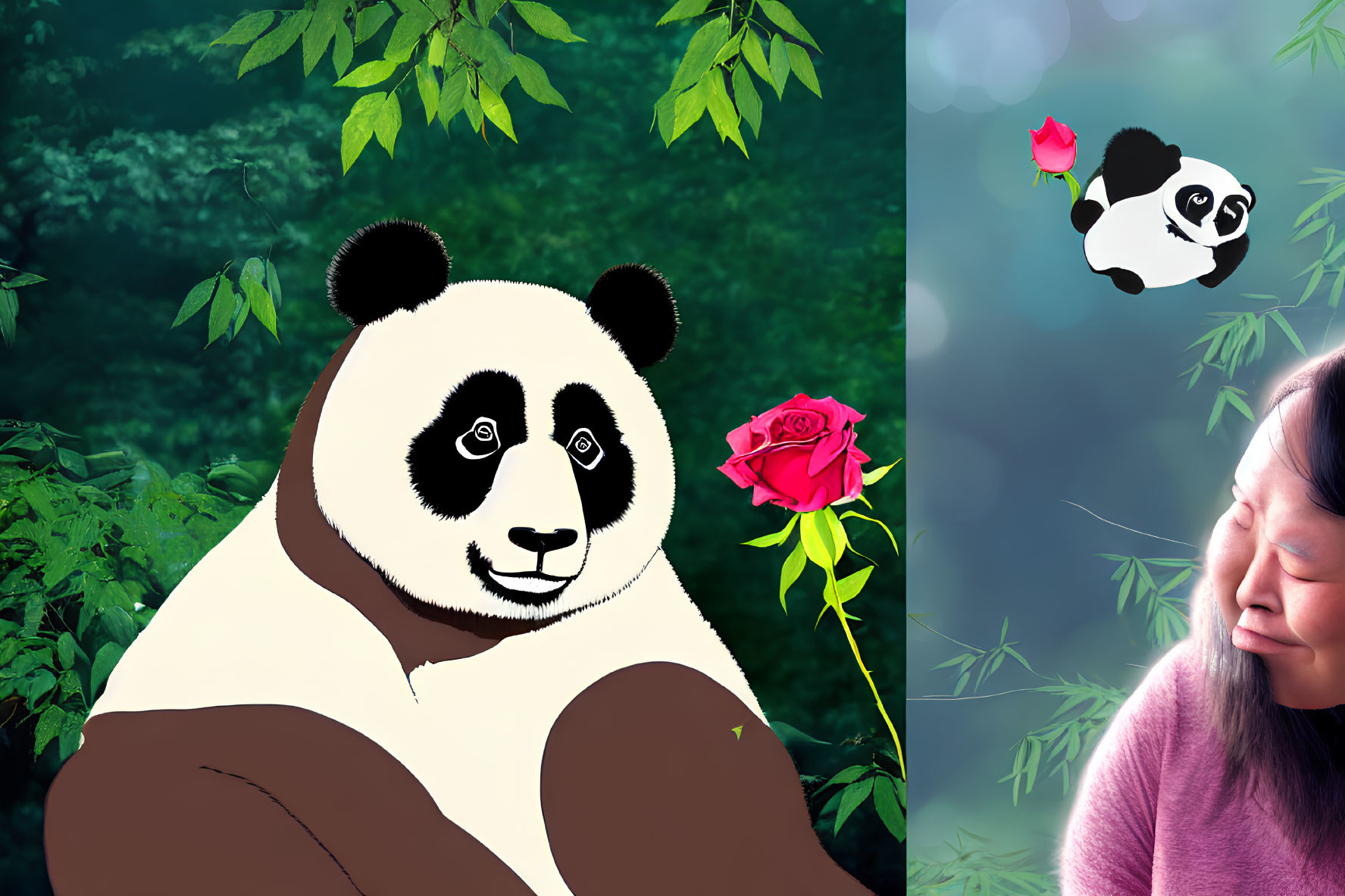 Surreal collage of giant panda, rose, cub, and smiling woman