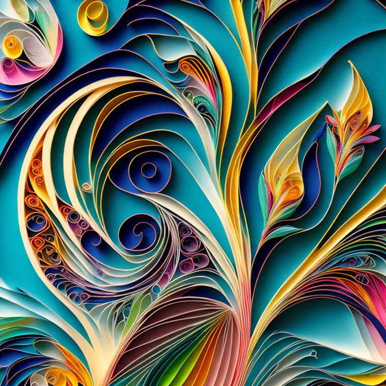 Abstract digital art: Vibrant swirling patterns of stylized feathers and plants on turquoise background