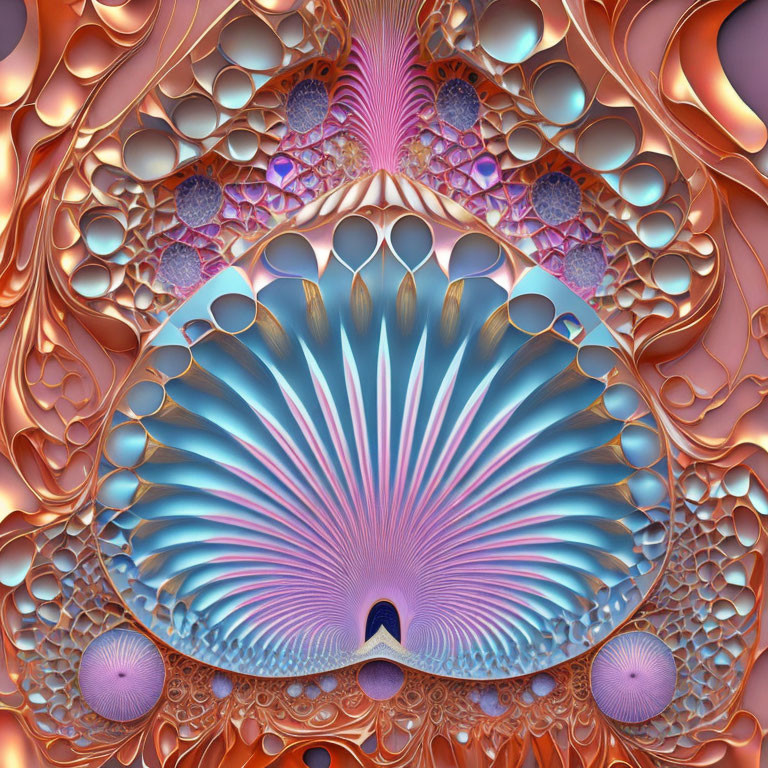 Abstract Fractal Image: Symmetrical Patterns in Orange, Pink, and Blue
